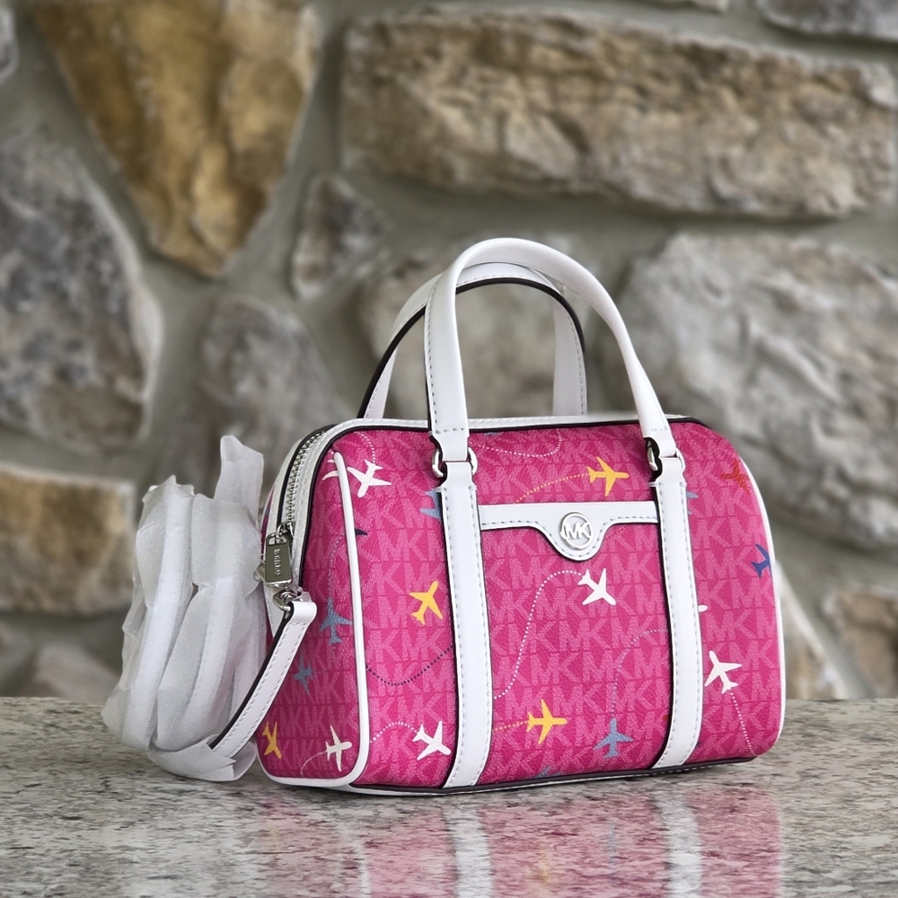 Michael Kors Small Airplane Logo Pink Duffle Crossbody